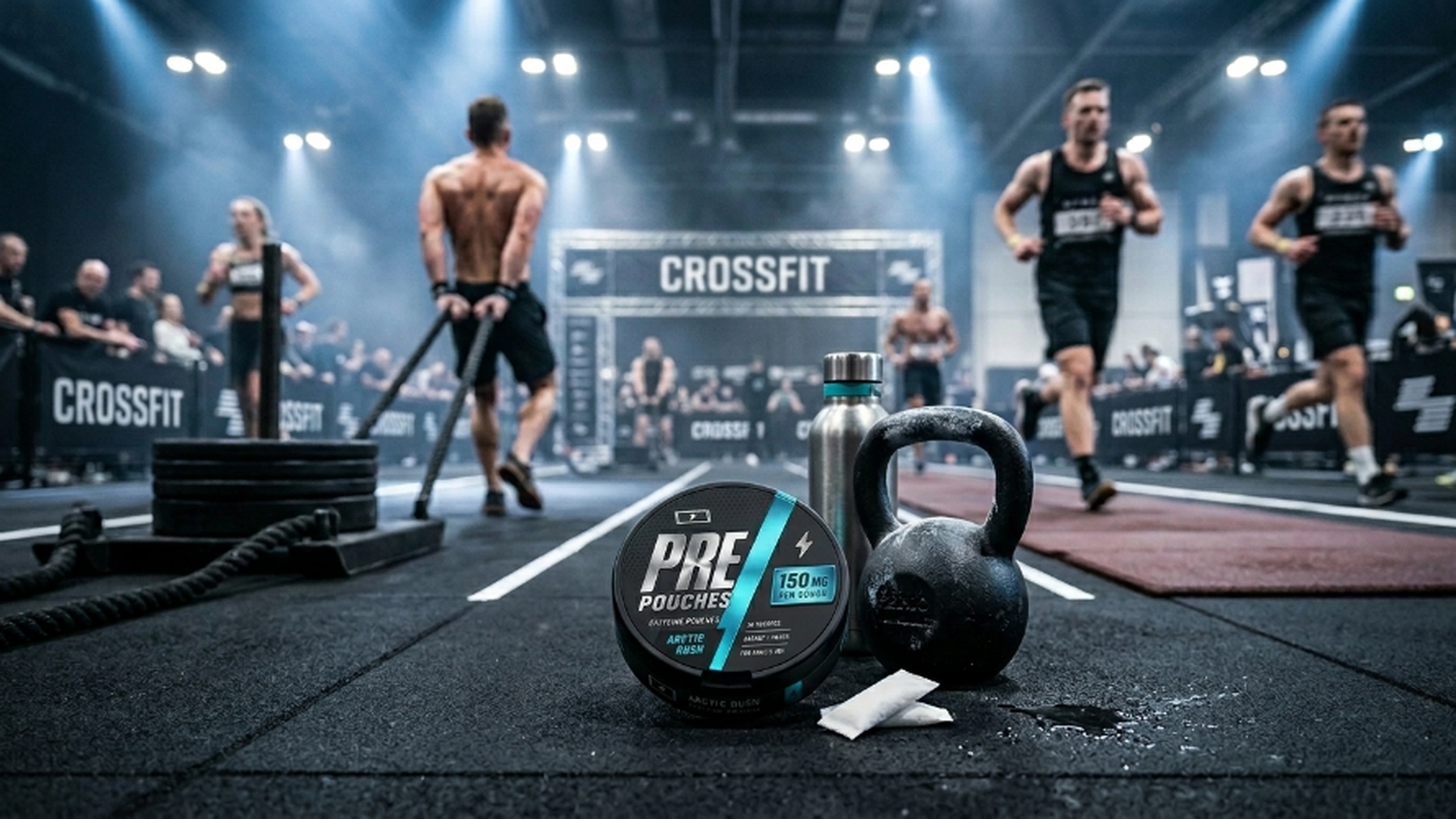 PRE POUCHES container and loose pouches beside a kettlebell at a fitness competition