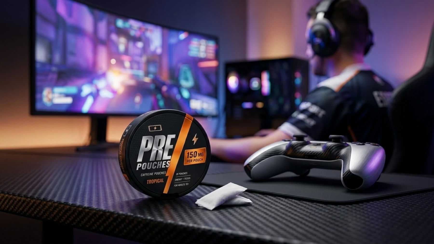PRE POUCHES beside a gaming controller