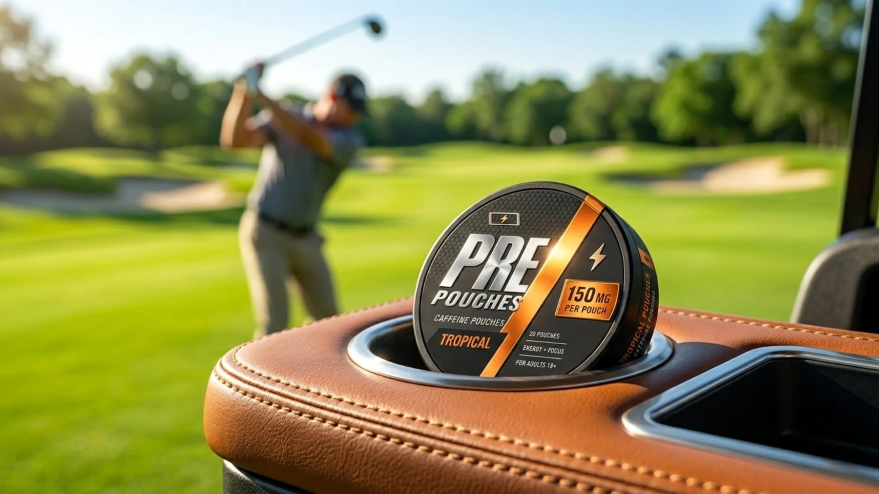 PRE POUCHES container shown in a golf-cart cup holder